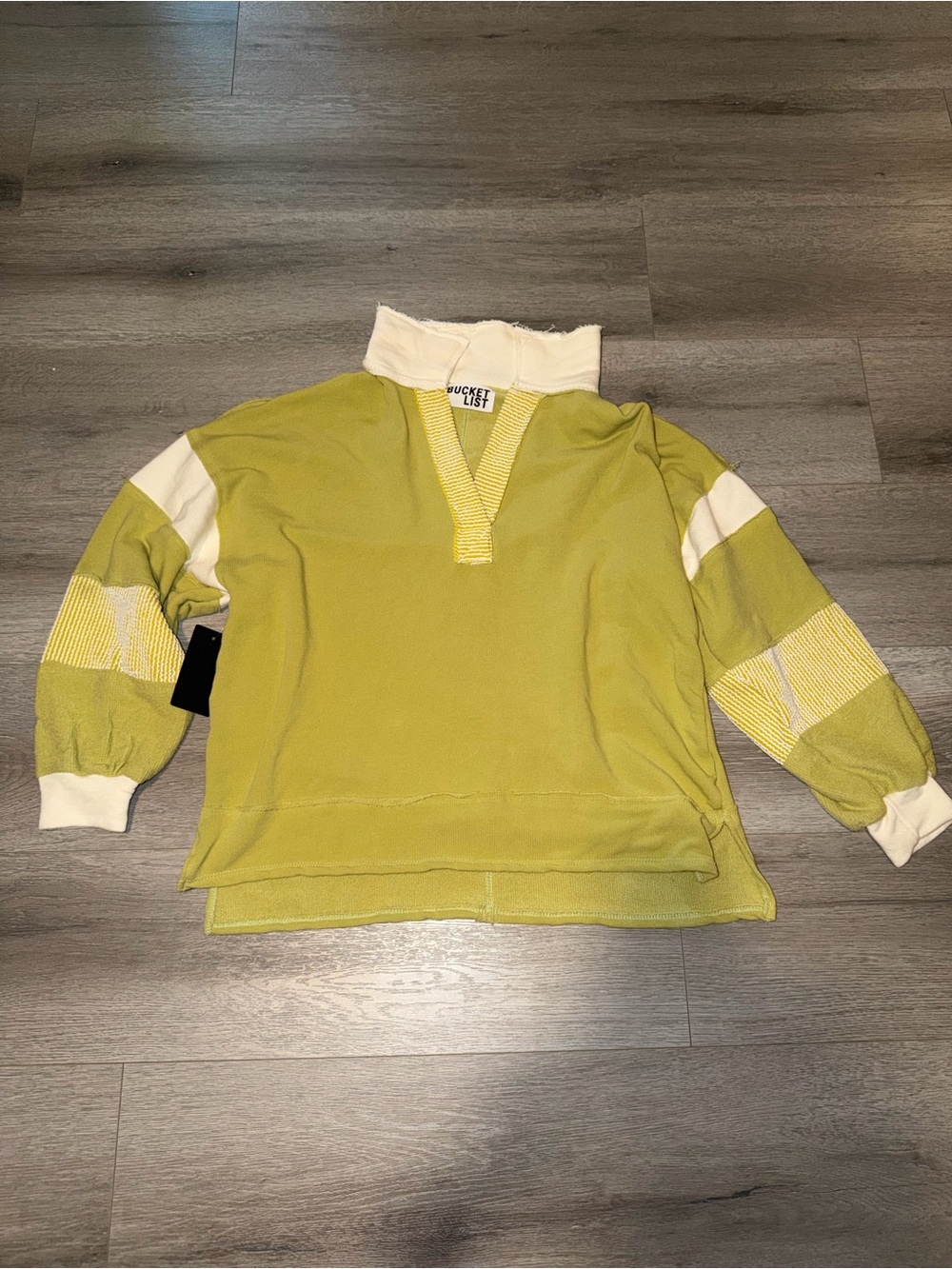 BUCKETLIST Lime-Green V-Neck Sweater with Cream Accents